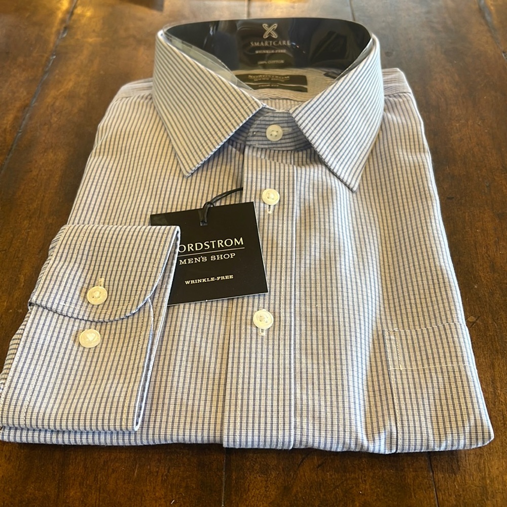 NEW SMARTCARE Nordstrom Trim Fit Men’s Dress Shirt; Blue Marine